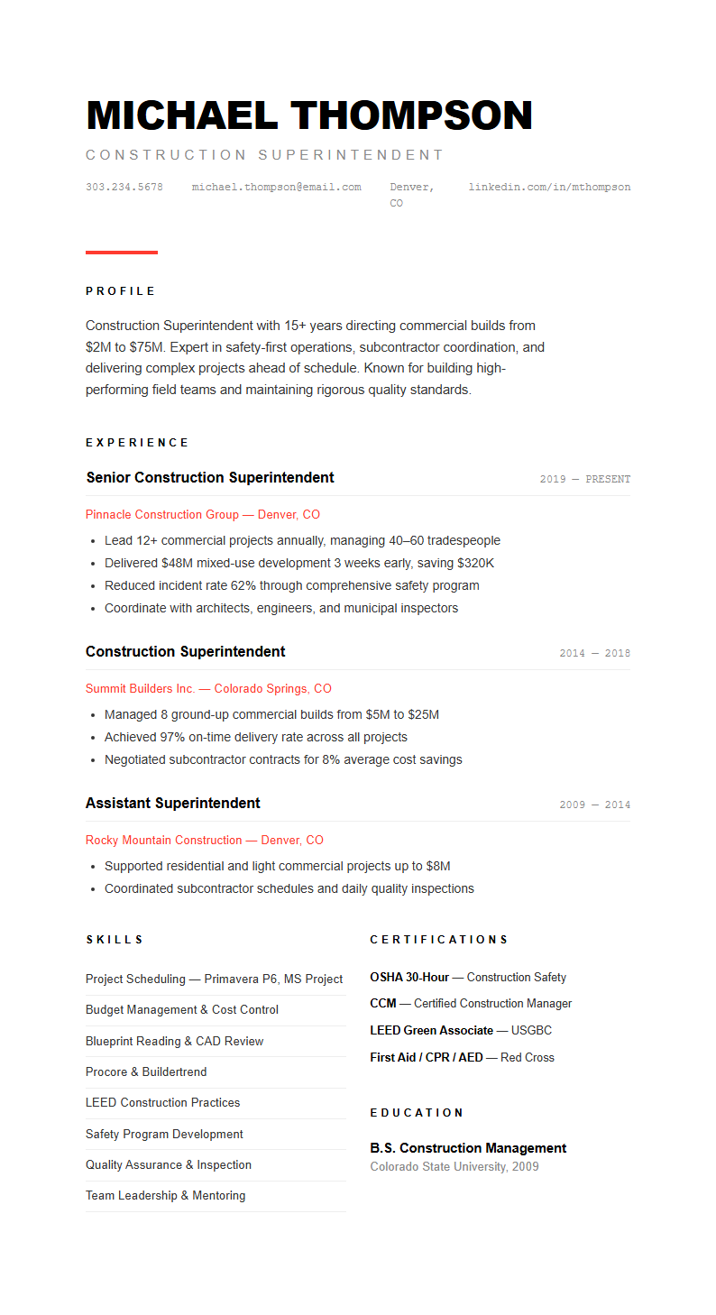 Modern minimalist construction superintendent resume